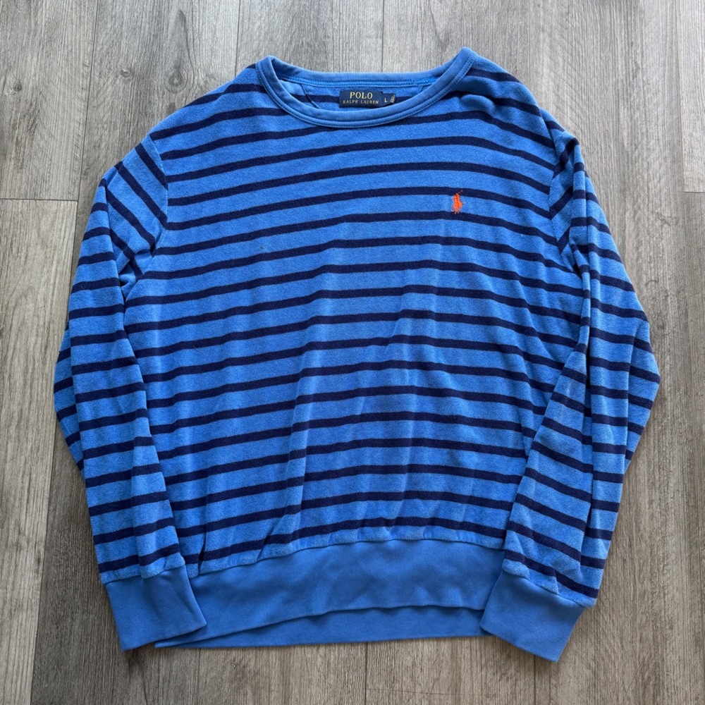 Polo Ralph Lauren Mens L Blue Striped Terry Sweatshirt Orange Pony Crewneck Flaw